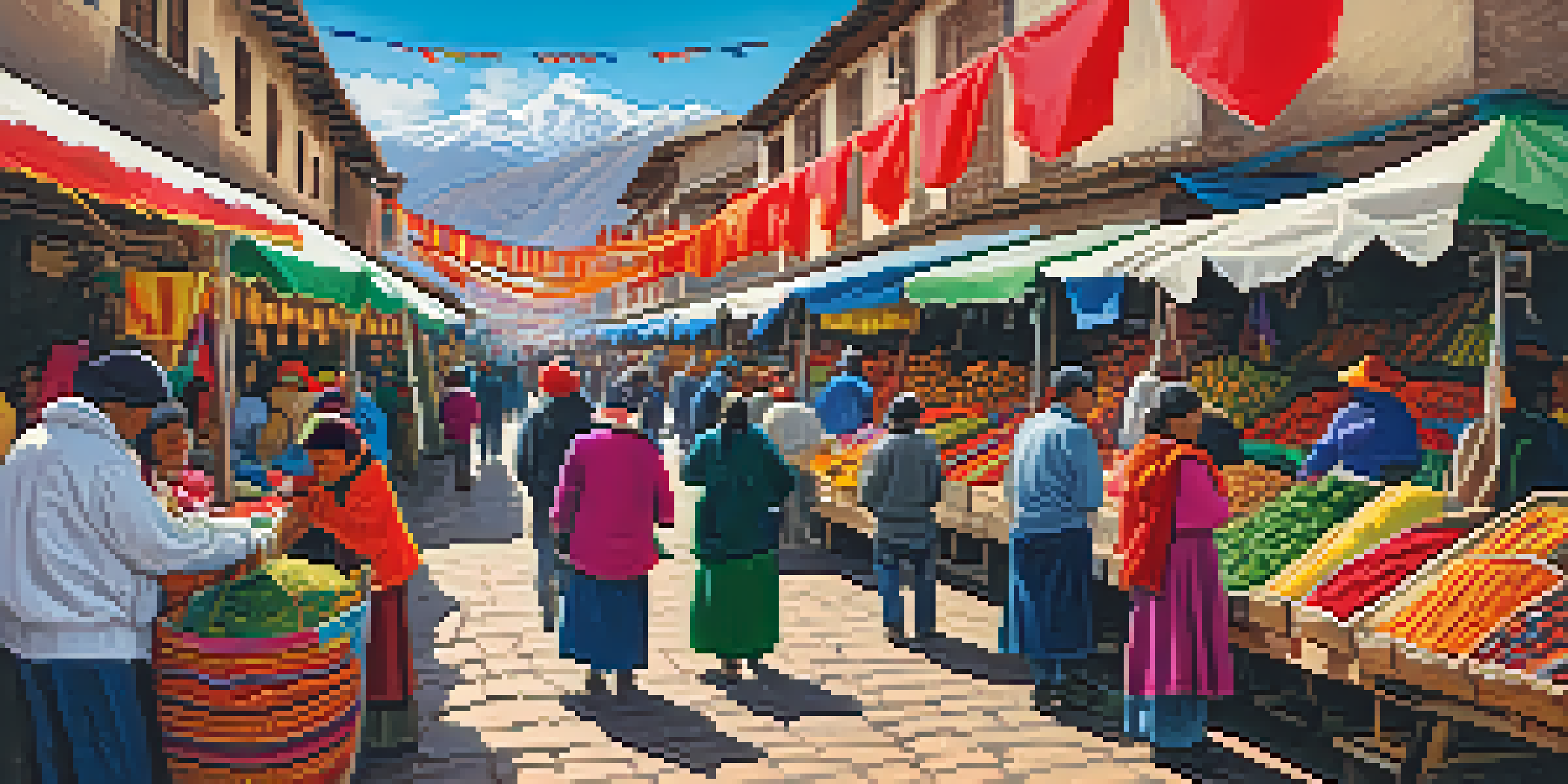 A busy market scene with colorful stalls selling textiles and crafts, and people interacting with vendors.
