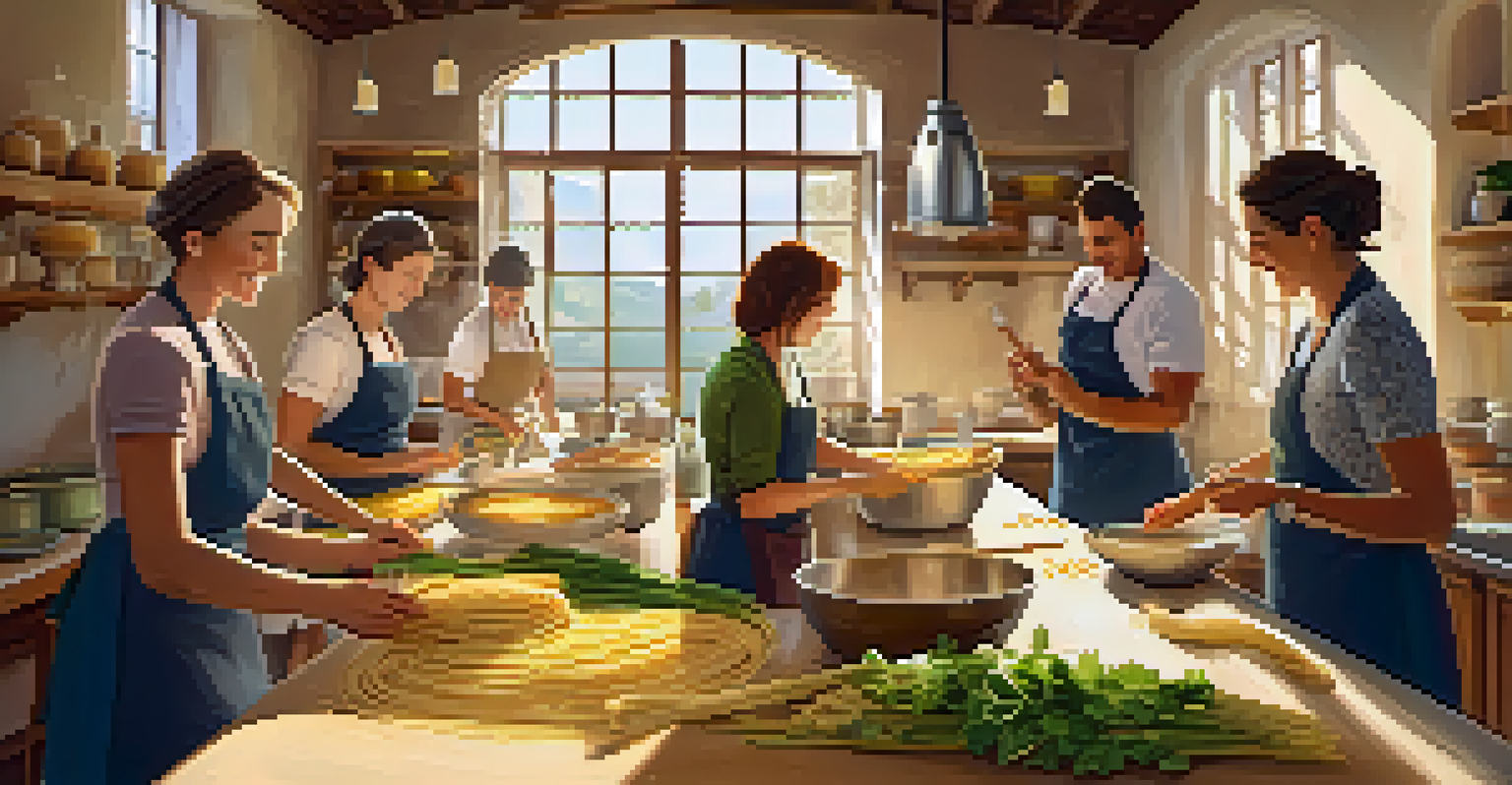 Tourists participating in a cooking class, making pasta from scratch in a traditional kitchen.