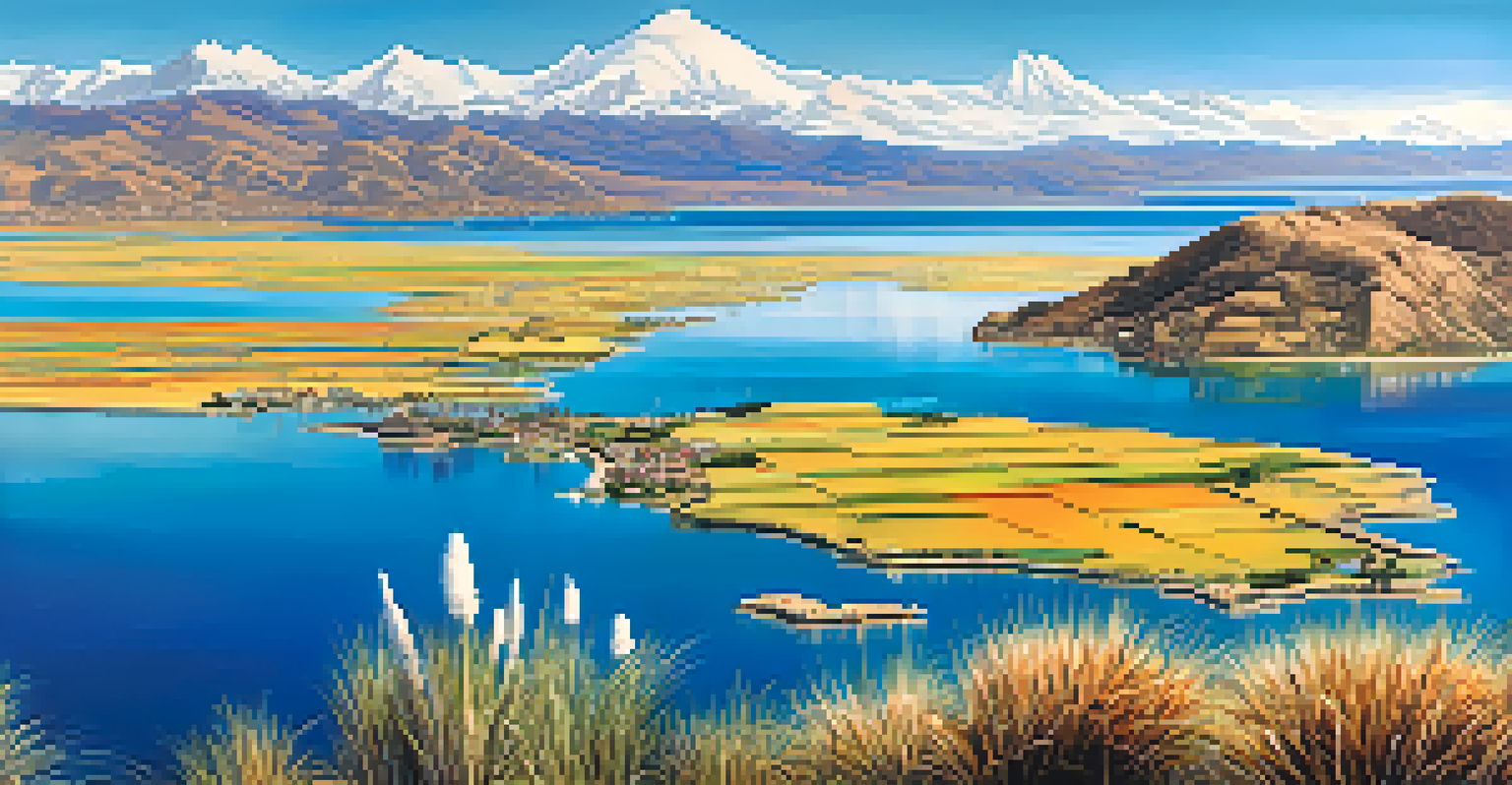 An aerial view of Lake Titicaca featuring its clear waters and floating islands made from reeds, surrounded by mountains and a bright sky.