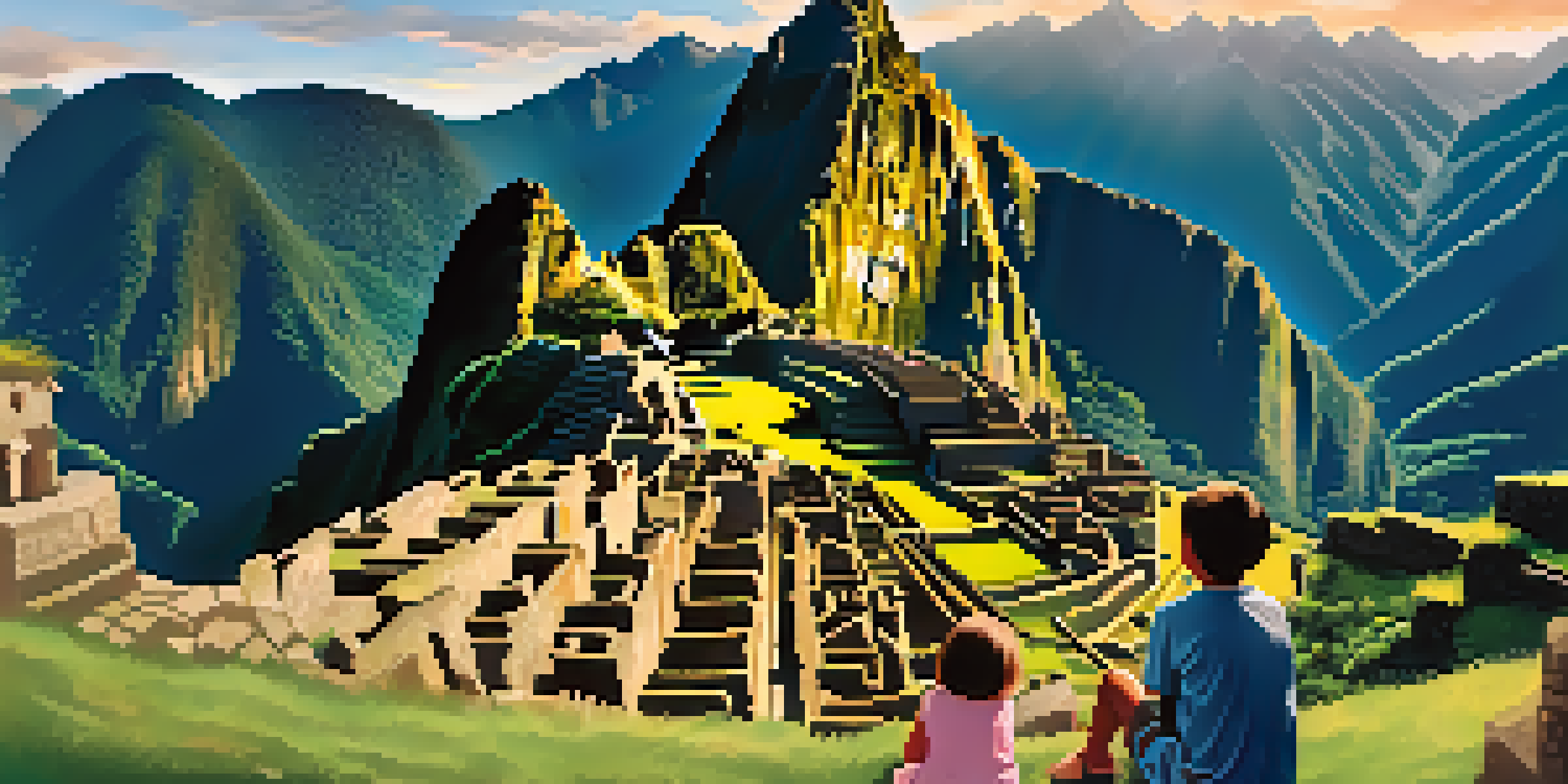 A family of four exploring Machu Picchu at sunrise, with the ancient ruins and lush mountains in the background.