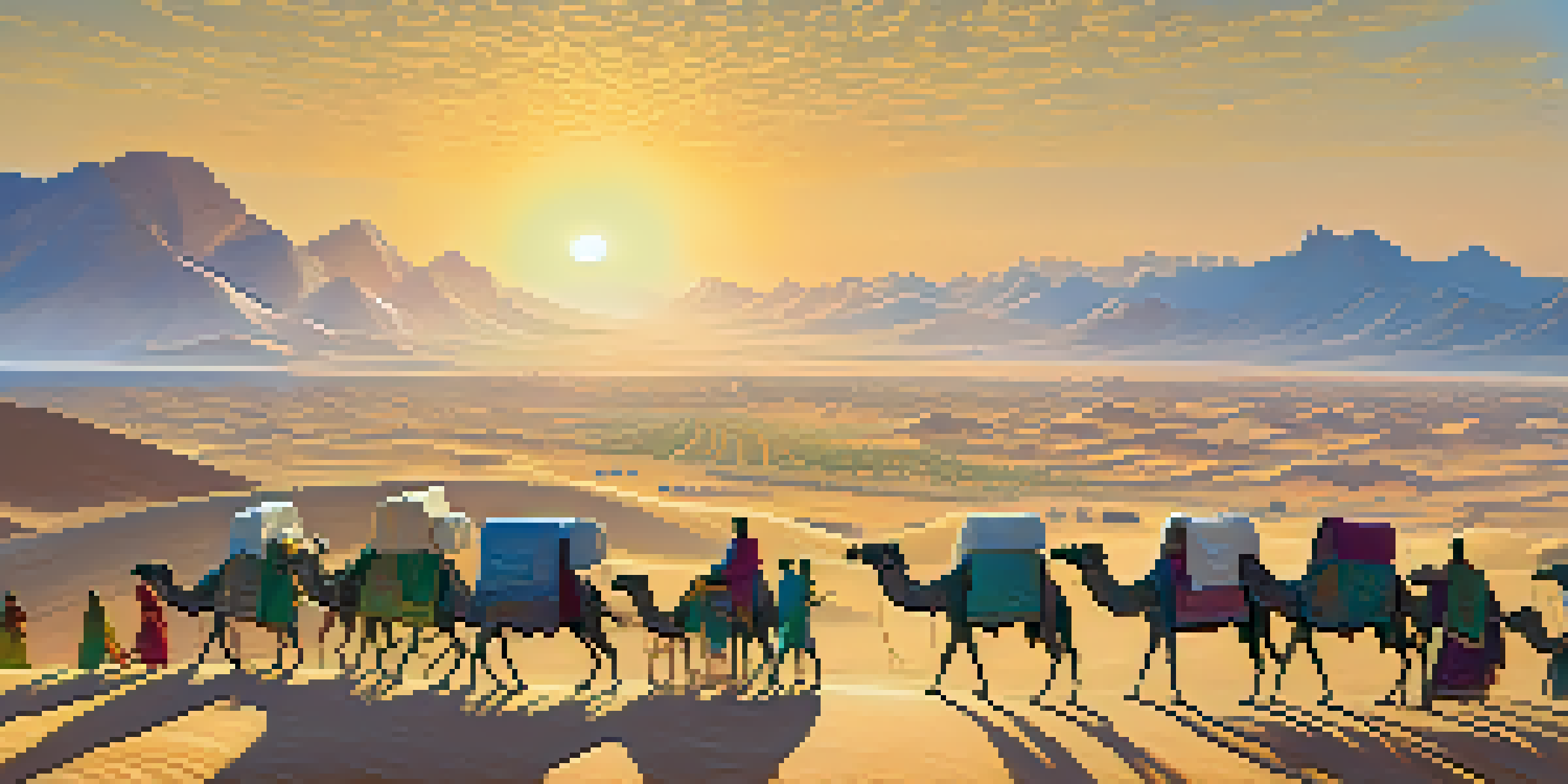 A panoramic view of the ancient Silk Road with caravans of merchants traveling through arid landscapes under a golden sunset.