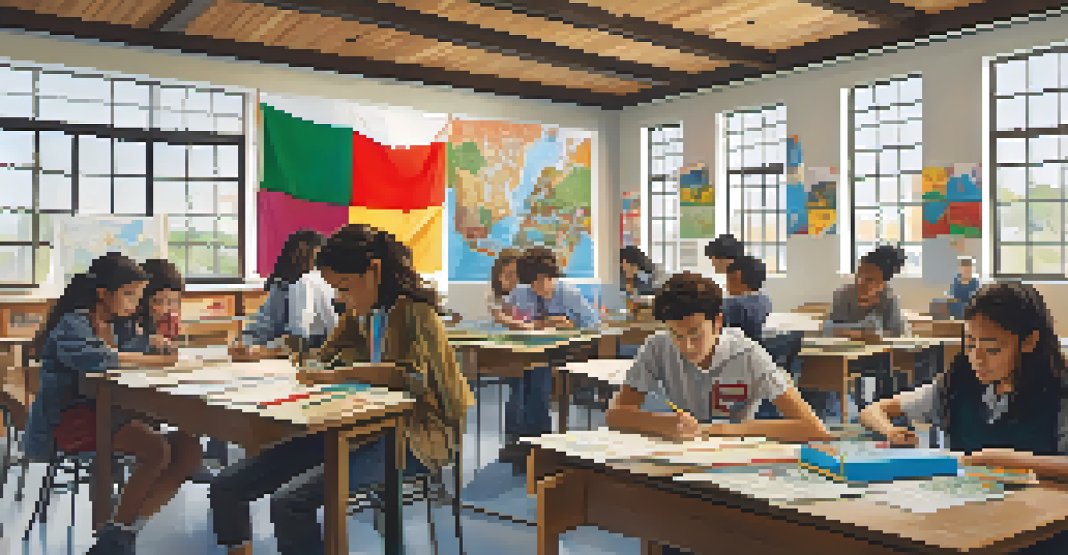 Students from different countries collaborating on a project in a classroom filled with cultural decorations and maps.