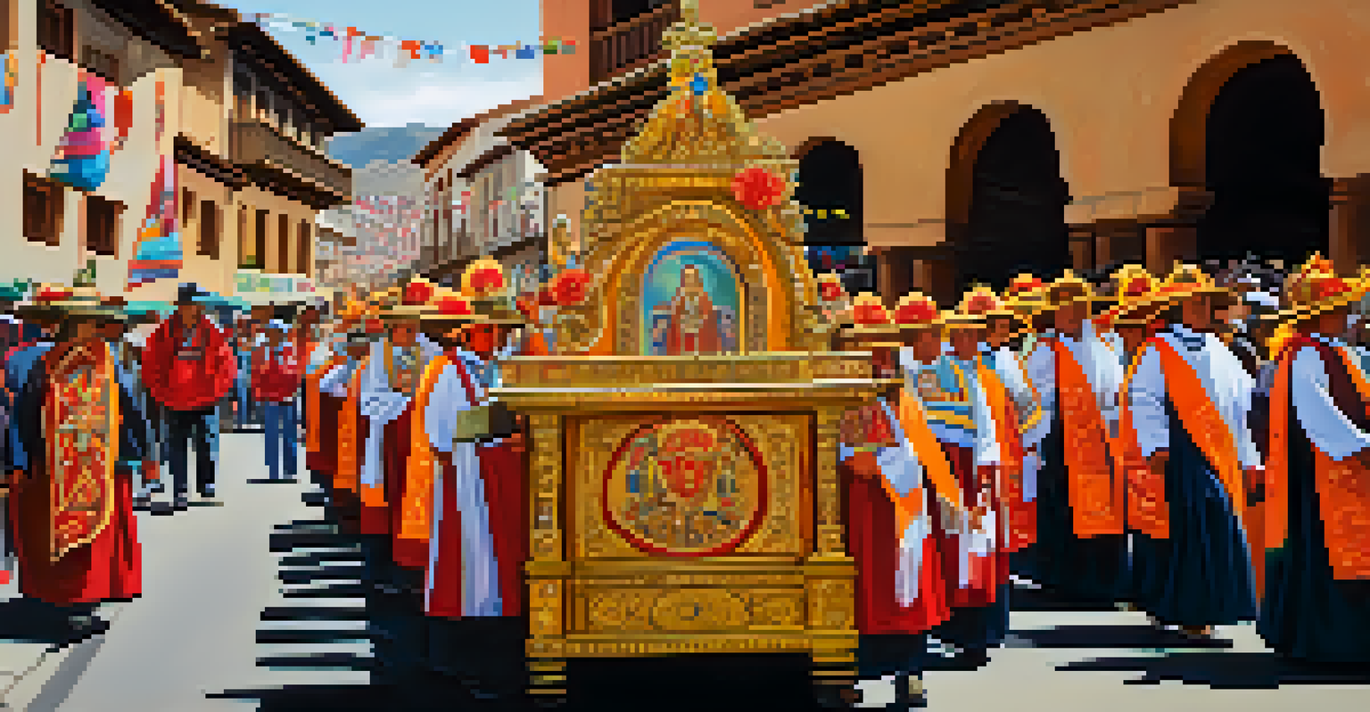 A peaceful Corpus Christi procession in Cusco, with locals carrying a beautifully decorated float and adorned streets, showcasing a blend of faith and tradition.