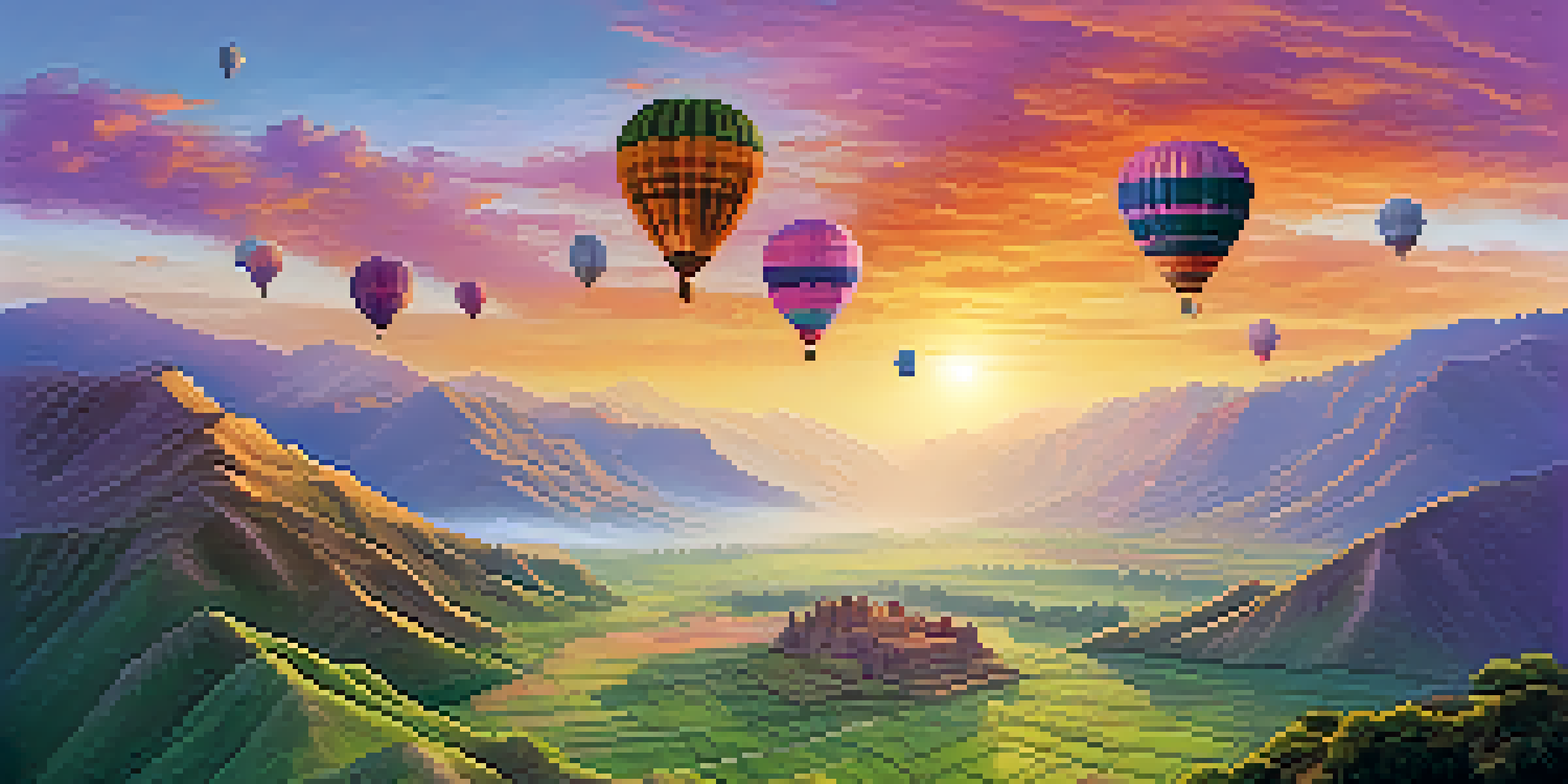 A picturesque sunrise in the Sacred Valley of Peru, featuring colorful hot air balloons and ancient ruins amidst vibrant green hills.