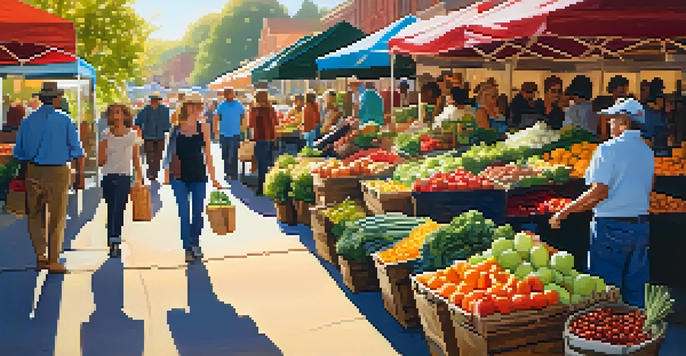 A lively farmers' market filled with colorful fresh produce and local vendors, under warm sunlight.