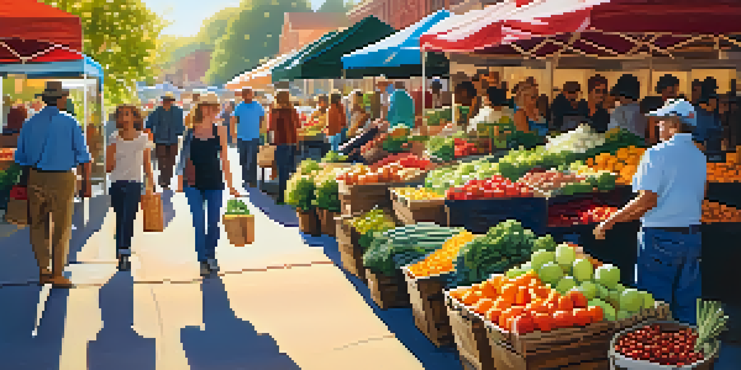 A lively farmers' market filled with colorful fresh produce and local vendors, under warm sunlight.