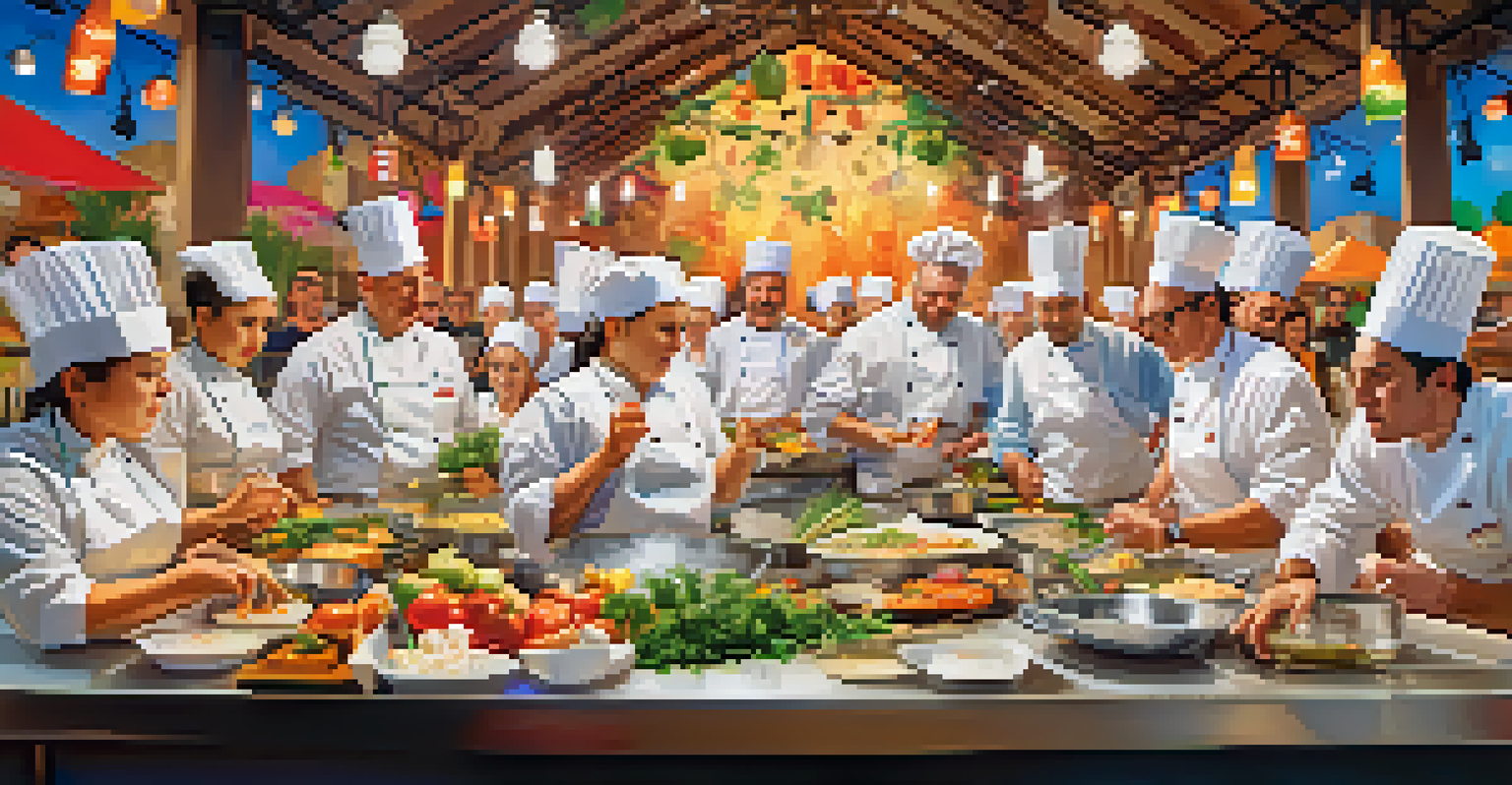 Chefs competing in a culinary competition at Peru's gastronomy festival, with an engaged audience and vibrant decorations in the background.