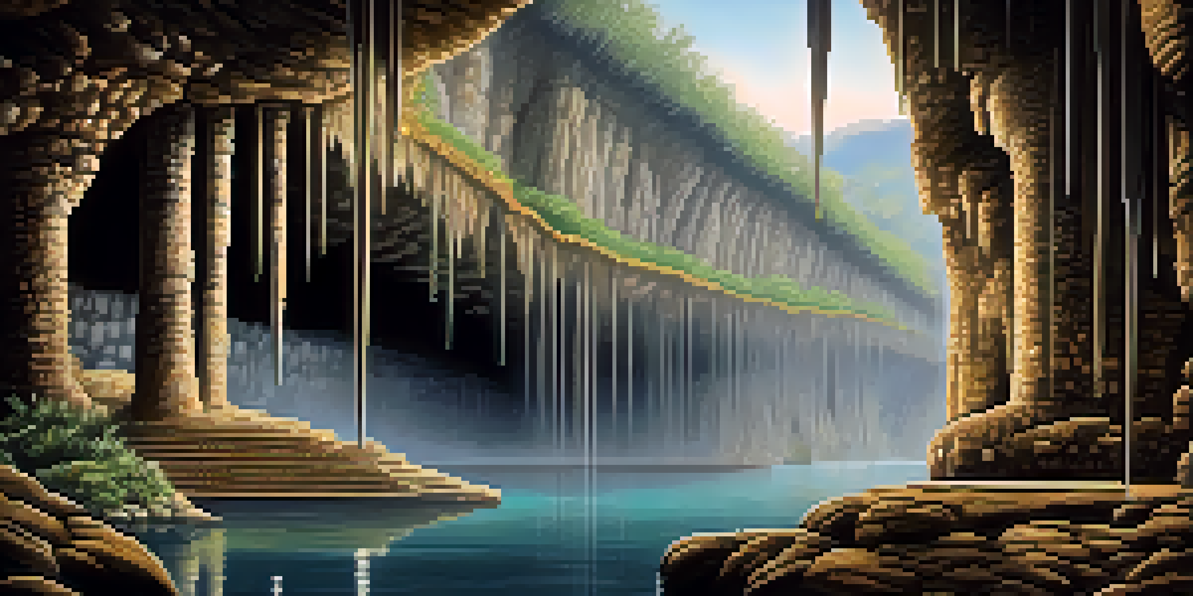 A view of the Caverns of Kuelap with stalactites and stalagmites, soft lighting, and a flowing underground river.