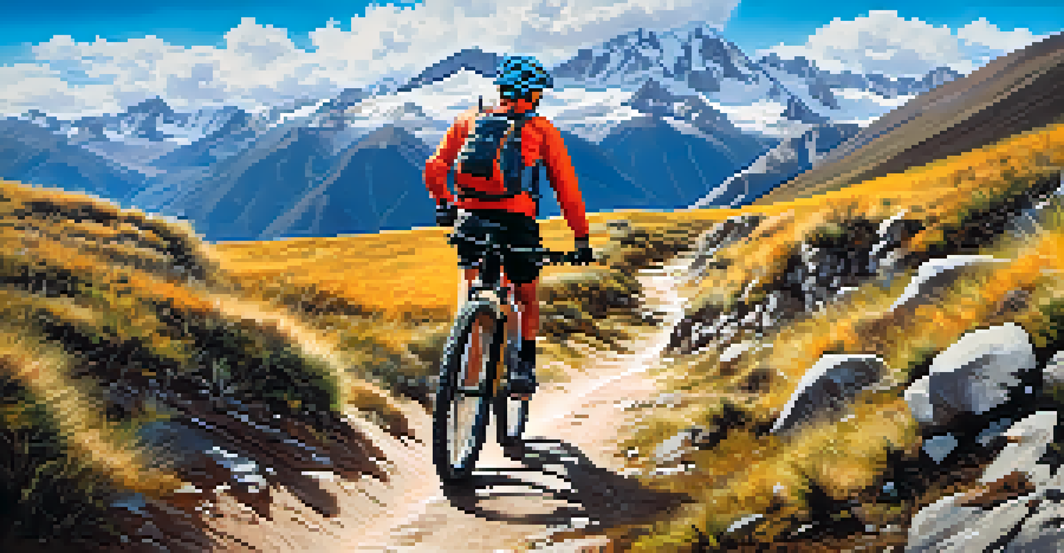 A mountain biker riding on a rugged trail in the Andes with snow-capped mountains in the background, emphasizing safety gear and the beauty of nature.