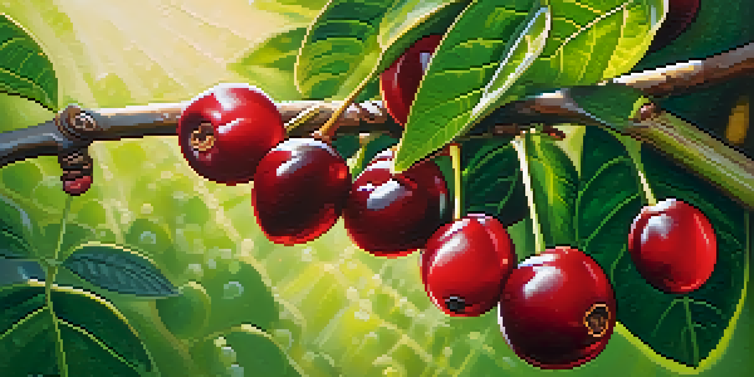 Close-up of coffee cherries on a branch in a lush green coffee plantation.