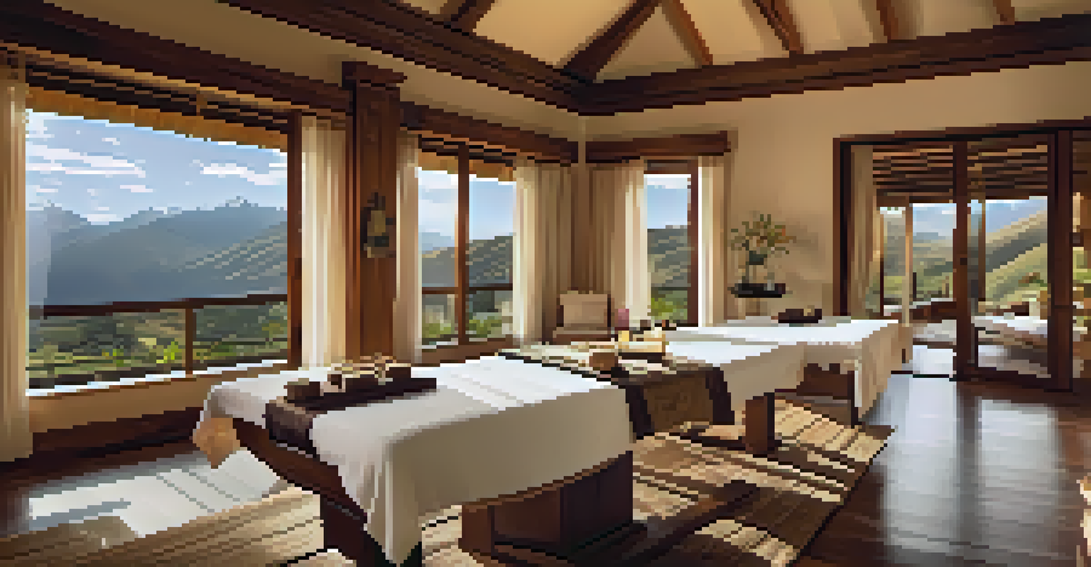 A beautifully designed spa treatment room with a view of the Sacred Valley, featuring natural wood decor and a massage table.