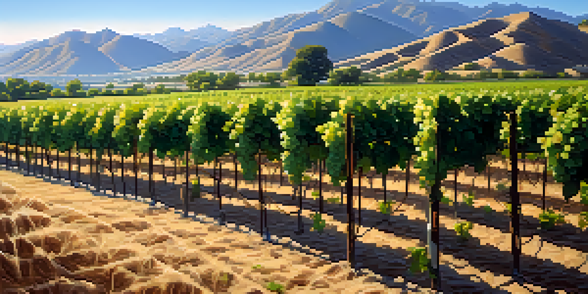 A scenic view of a vineyard in Ica, Peru, with grapevines and the Andes mountains in the background under a clear sky.