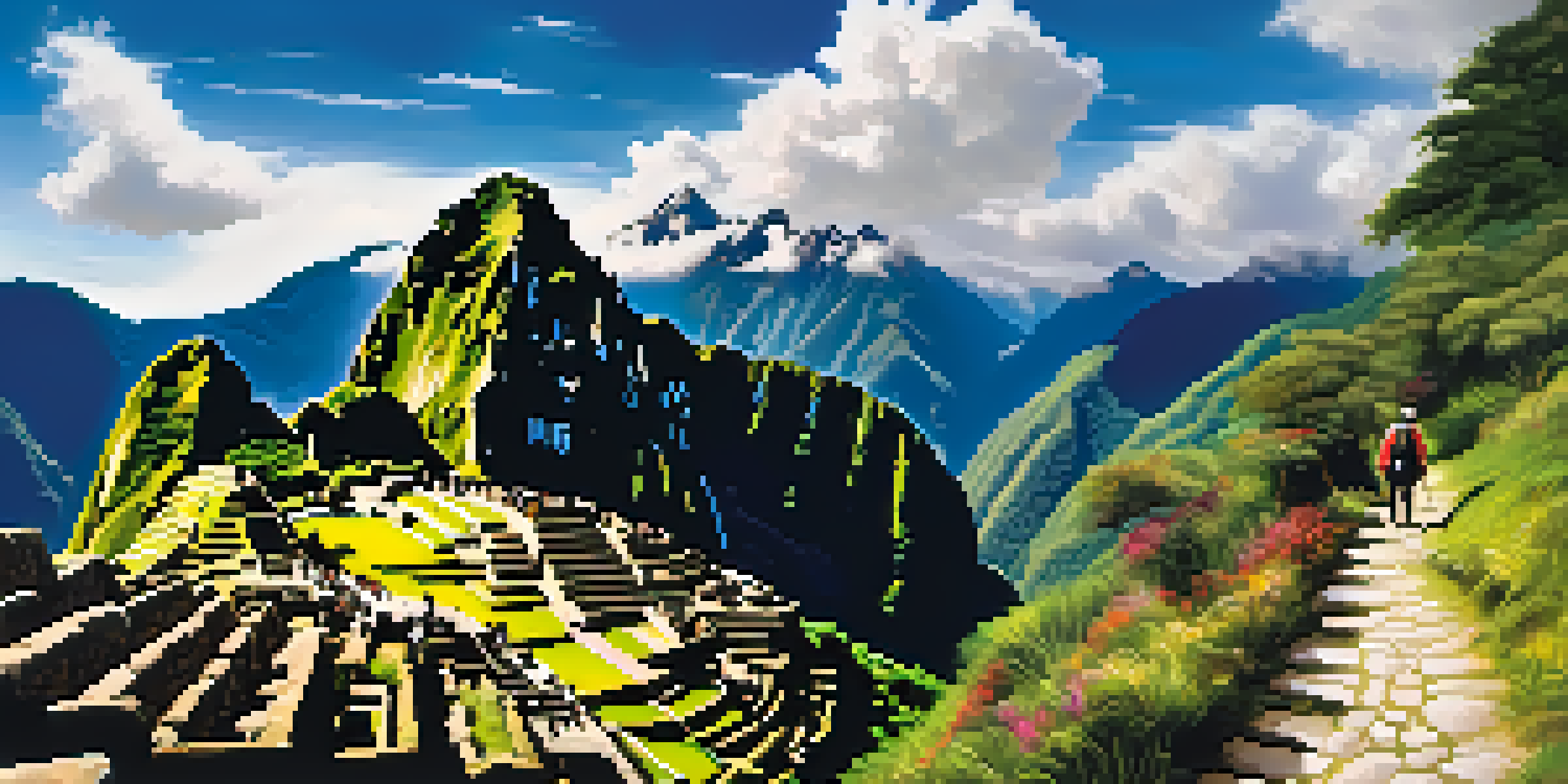A scenic view of the Inca Trail with hikers and Machu Picchu in the background, surrounded by lush greenery and mountains.