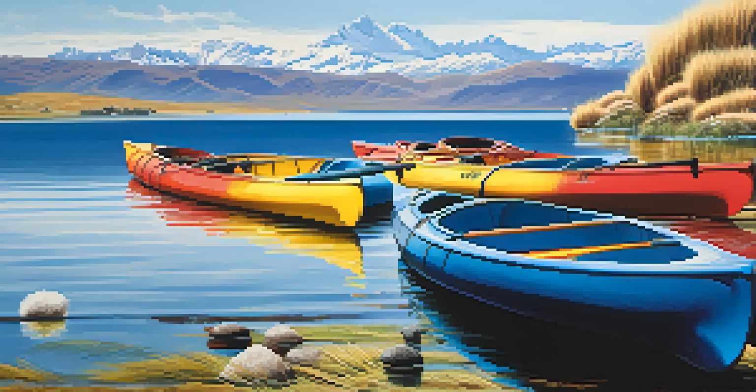 Kayakers on Lake Titicaca with the Andes mountains in the background, showcasing colorful kayaks on blue waters.