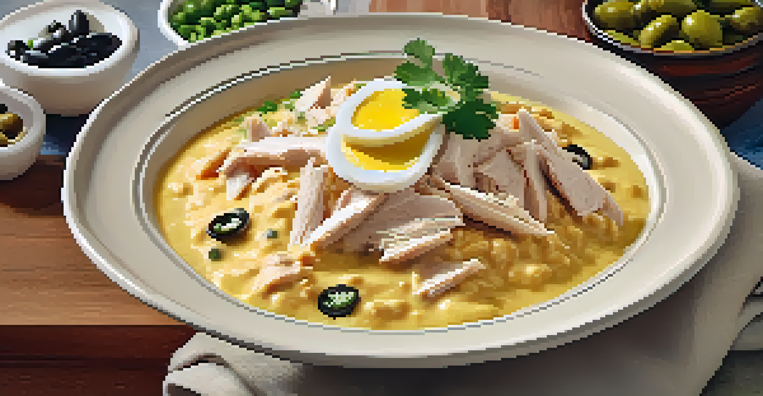 A bowl of Aji de Gallina with shredded chicken and rice, garnished with olives and parsley.
