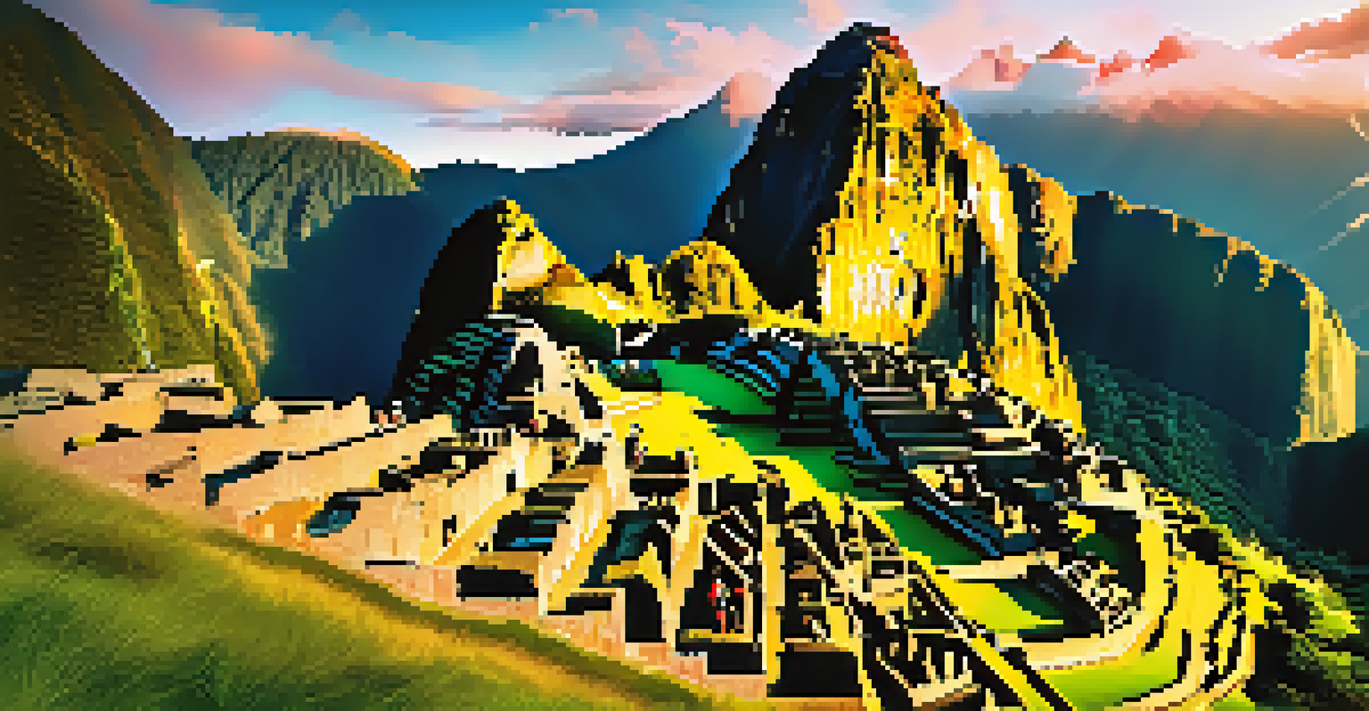A picturesque view of Machu Picchu at sunrise with mist and hikers in the foreground.