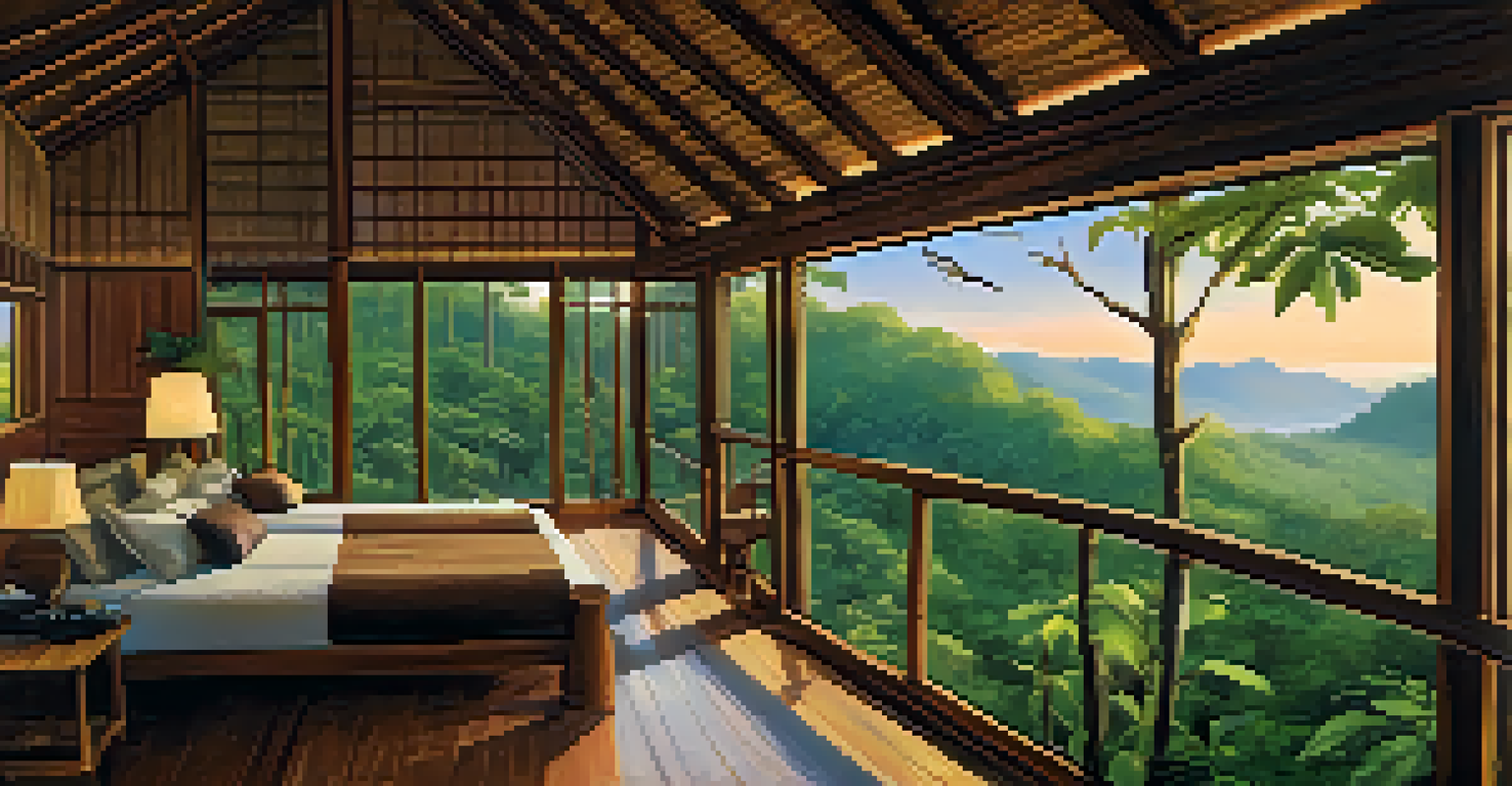 An eco-friendly lodge in Manú National Park, made from natural materials, surrounded by lush greenery and birds, with large windows and warm lighting creating a cozy atmosphere.