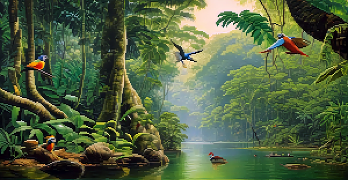 A lush Amazon rainforest scene in Peru with tall trees, sunlight streaming through the leaves, and various animals like birds and monkeys among the branches.