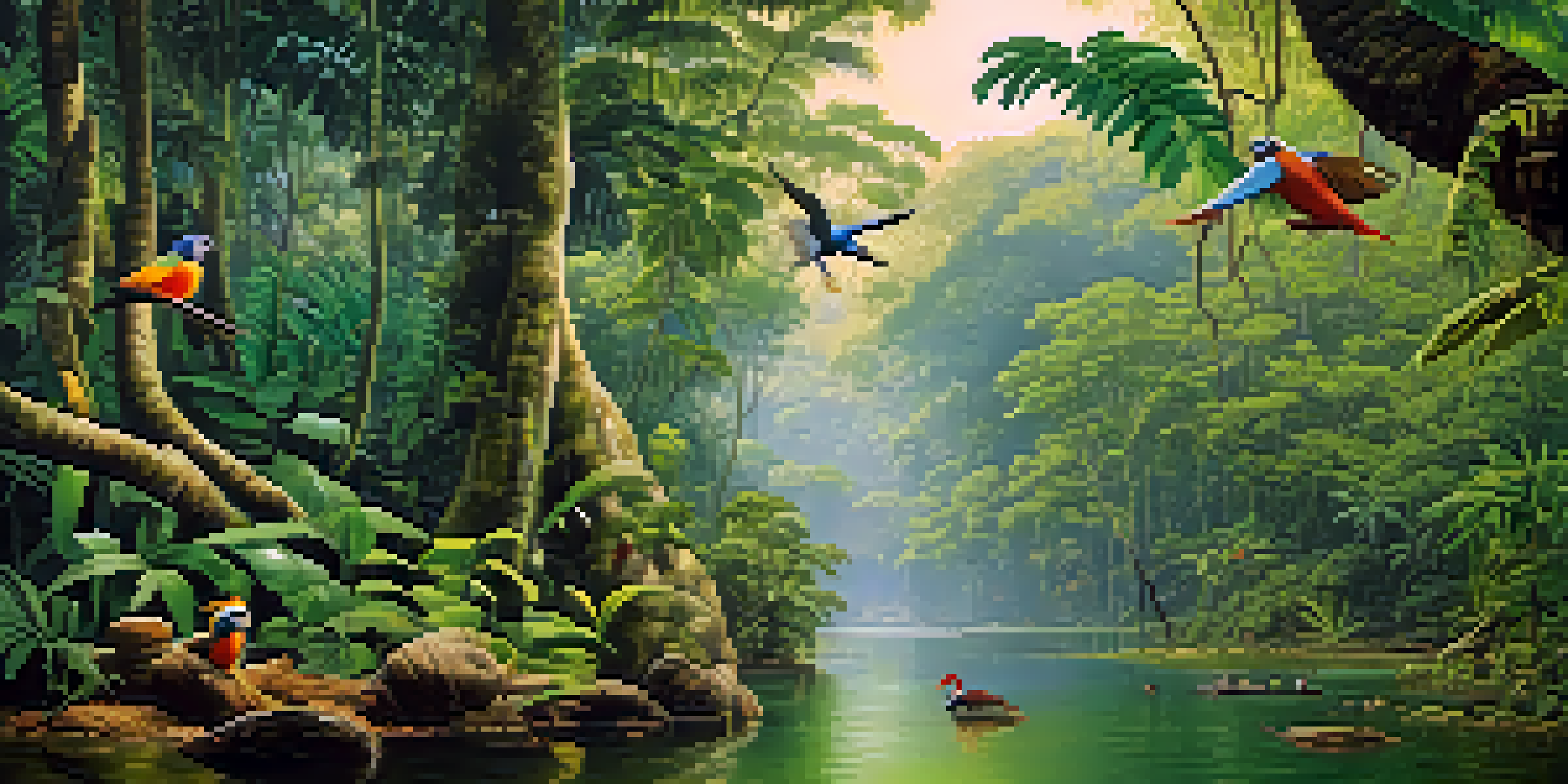 A lush Amazon rainforest scene in Peru with tall trees, sunlight streaming through the leaves, and various animals like birds and monkeys among the branches.