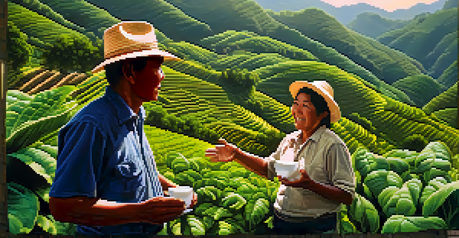 A local farmer sharing stories about coffee cultivation with visitors on a Peruvian coffee farm, with rolling hills in the background.