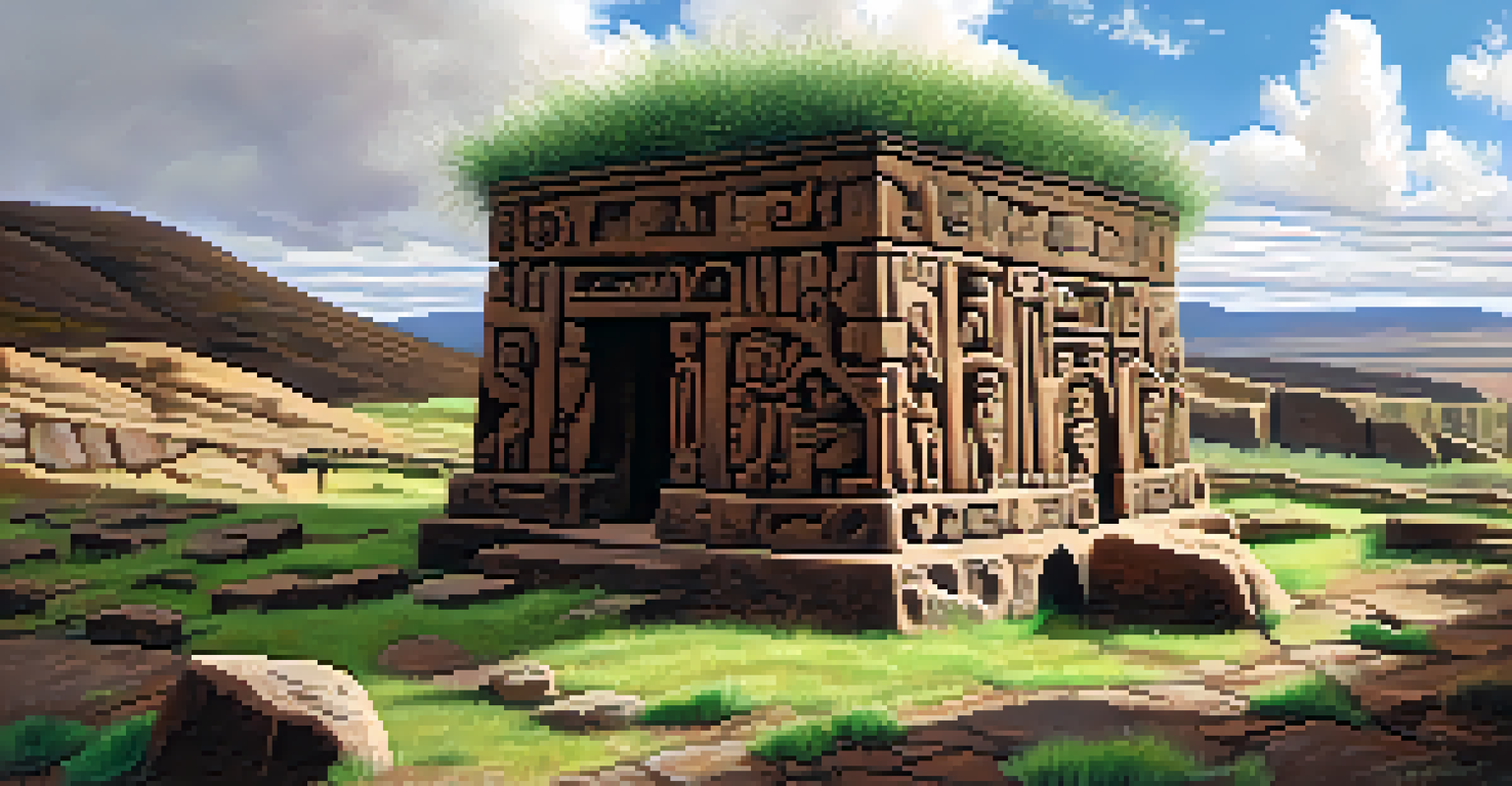 A detailed close-up of an intricately carved stone tower at Sillustani, with sunlight highlighting the textures and patterns of the stone.