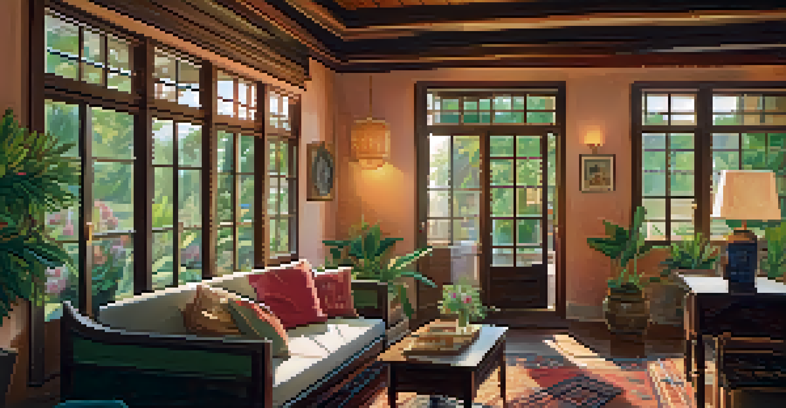 A woman smiling in a cozy guesthouse, surrounded by local art and textiles, with large windows showcasing a beautiful garden outside.