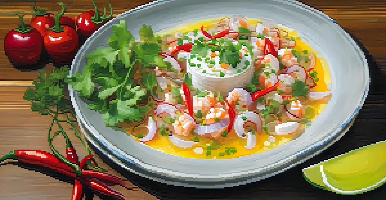 A plate of ceviche with raw fish, onions, cilantro, and chili peppers, served with sweet potato and corn on a rustic wooden table.