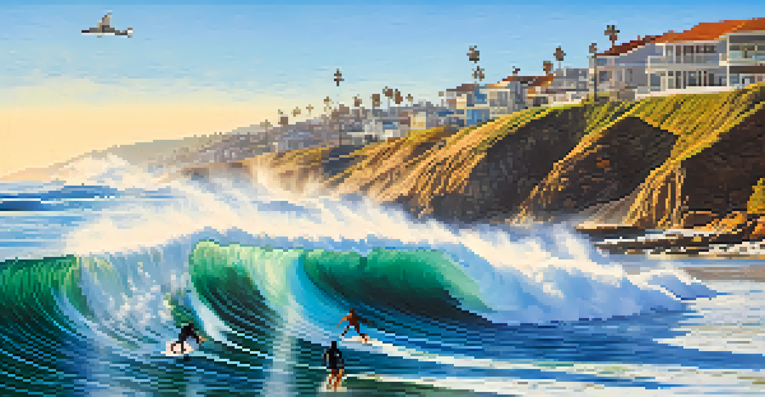Surfers riding waves at Punta Hermosa beach, with bright blue skies and rocky cliffs in the background.