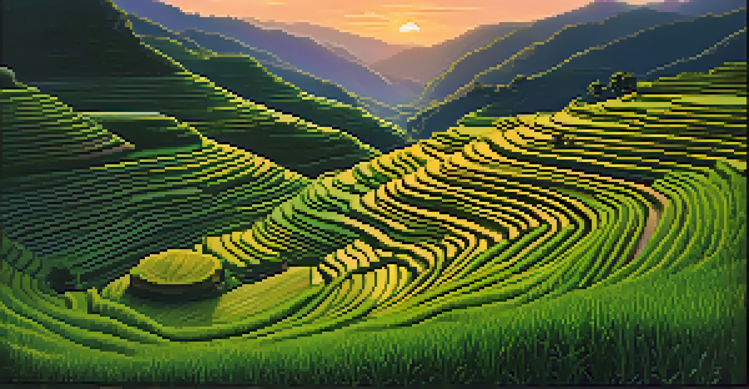 A stunning sunset over rice terraces in the mountains, with a farmer tending to the fields, showcasing the beauty of nature and agriculture.
