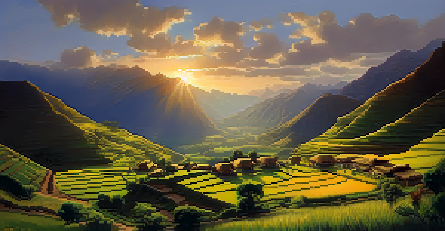 The Sacred Valley in Peru at sunset, with eco-friendly lodges and tourists exploring ancient ruins led by local guides.
