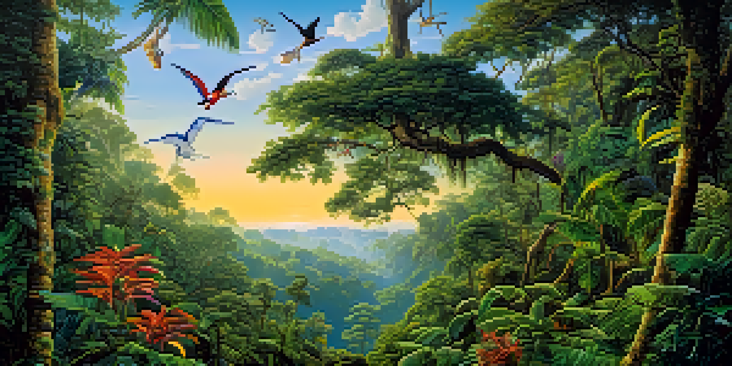 A dense and colorful Amazon rainforest with tall trees, blooming flowers, and exotic birds in a bright blue sky.