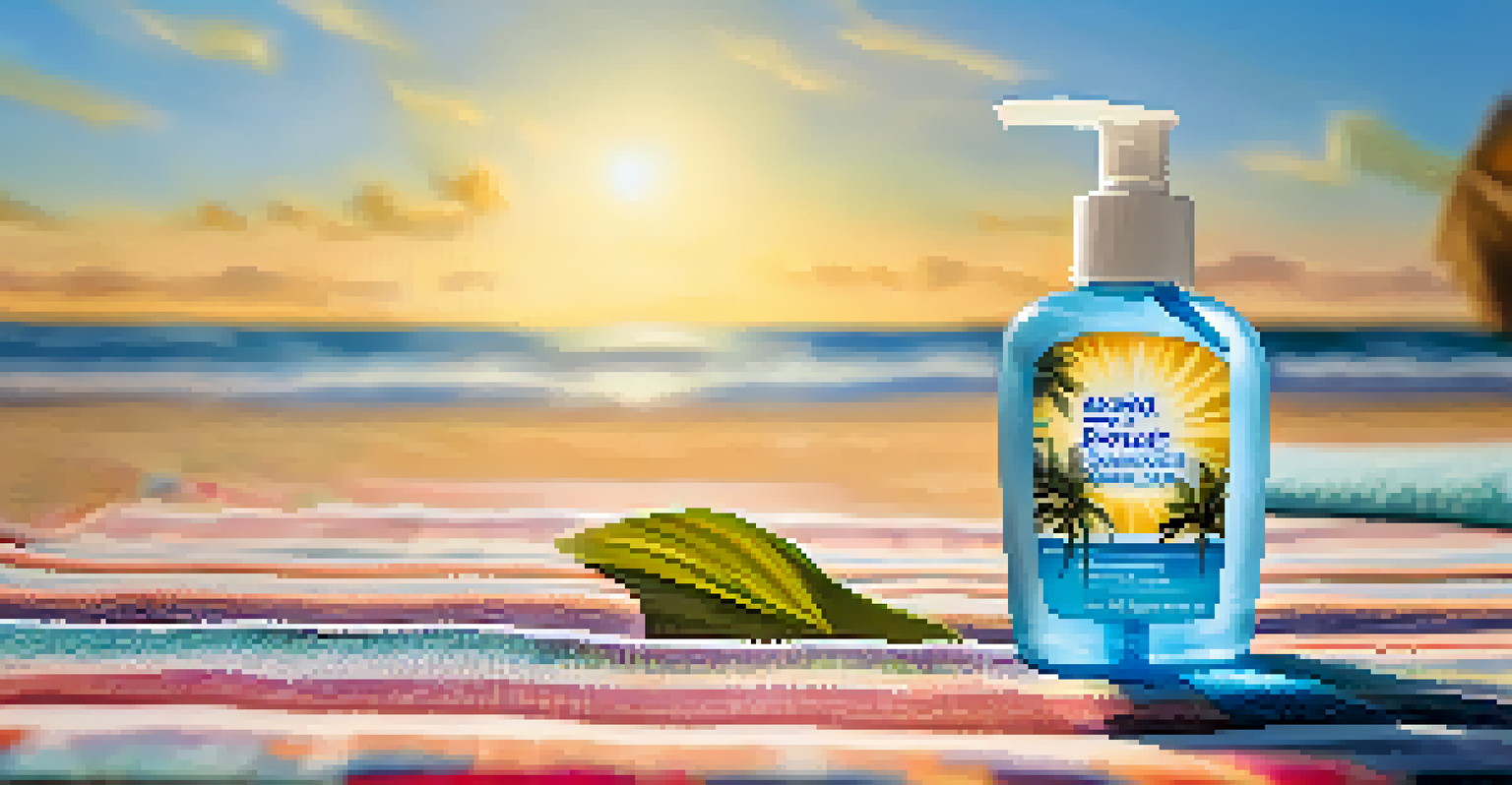 A travel-sized hand sanitizer bottle on a beach towel with a tropical beach in the background.