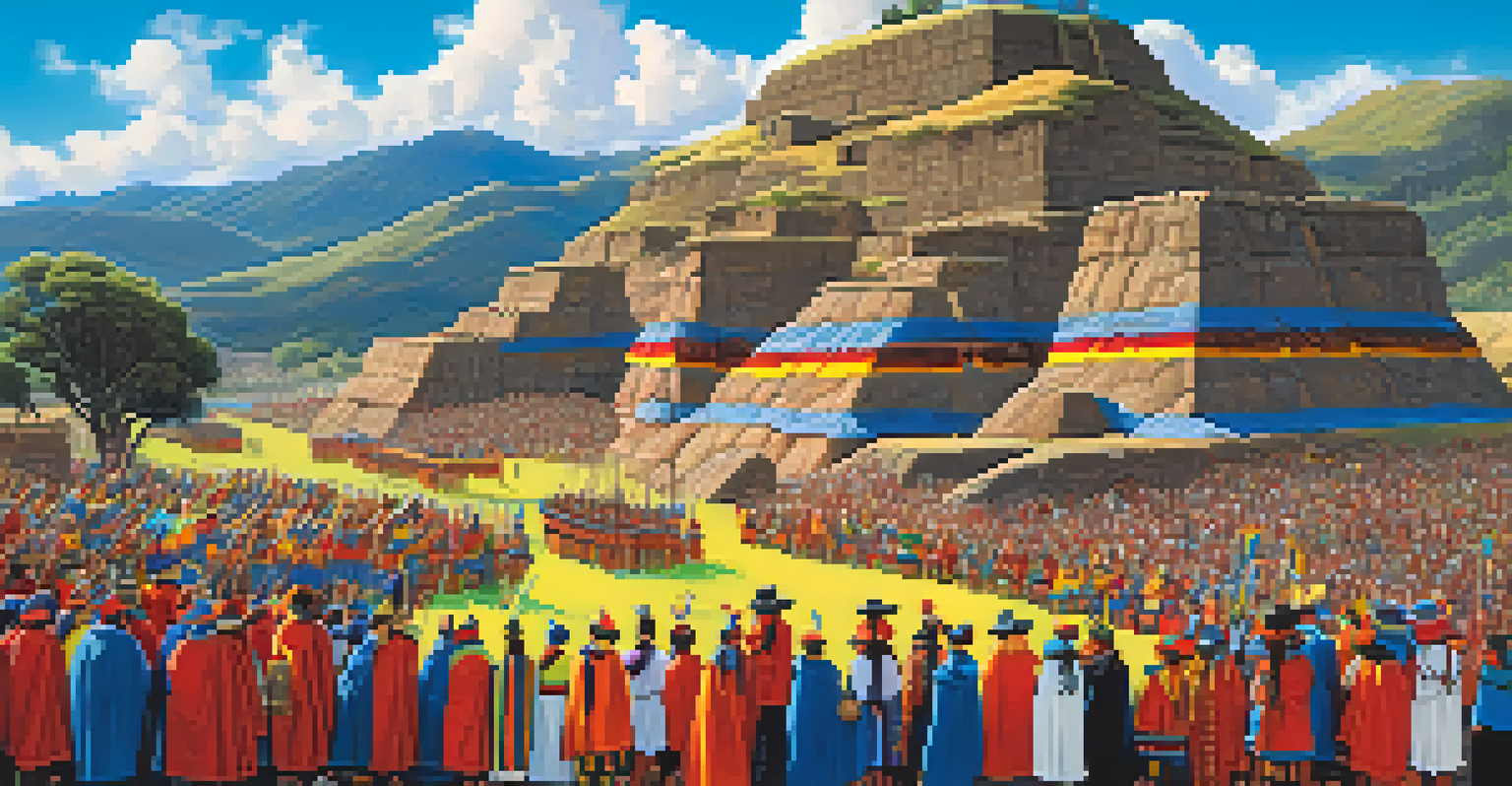 Participants celebrating the Inti Raymi festival at Sacsayhuamán, wearing traditional clothing with the stone structures in the background.