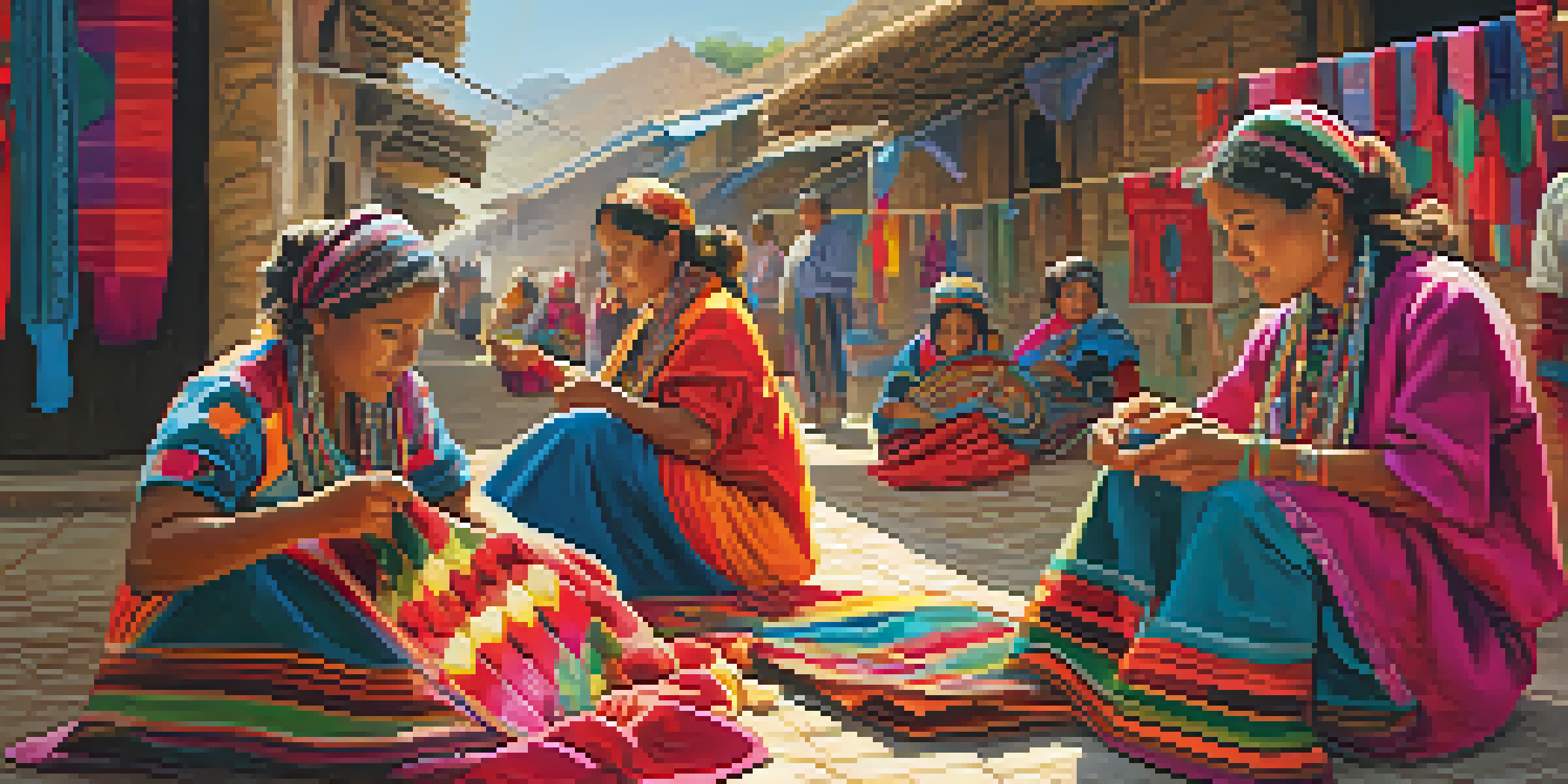 A lively market in Peru where women are weaving colorful textiles, dressed in traditional clothing, with intricate patterns on display, illuminated by warm sunlight.