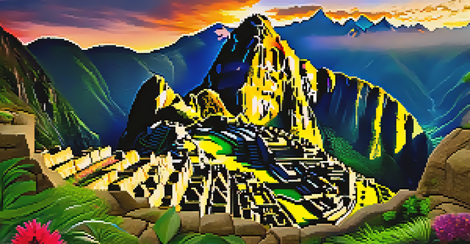 A breathtaking view of Machu Picchu at sunrise, highlighting the ancient stone structures surrounded by mountains and mist.
