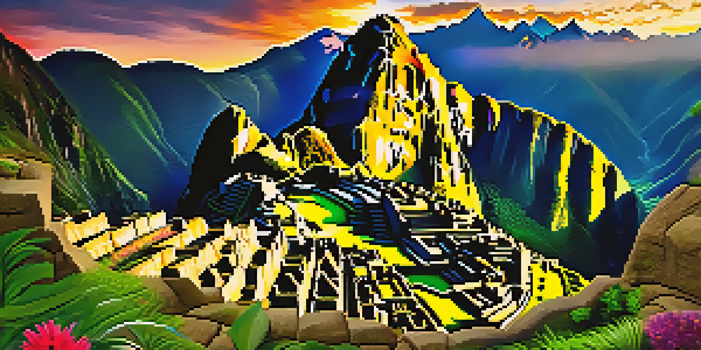 A breathtaking view of Machu Picchu at sunrise, highlighting the ancient stone structures surrounded by mountains and mist.