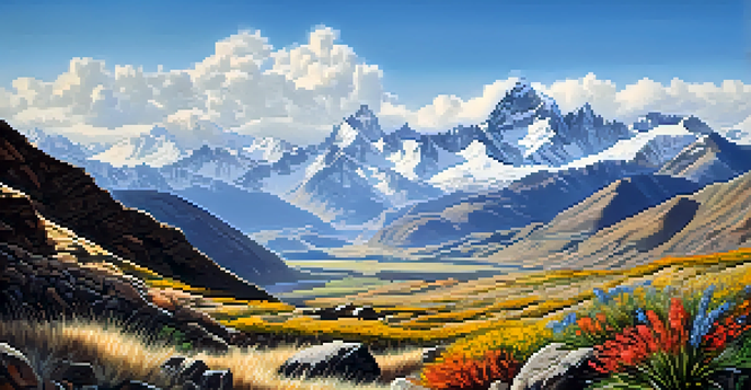 A scenic view of the Andes mountains with clear skies and colorful wildflowers in the foreground.