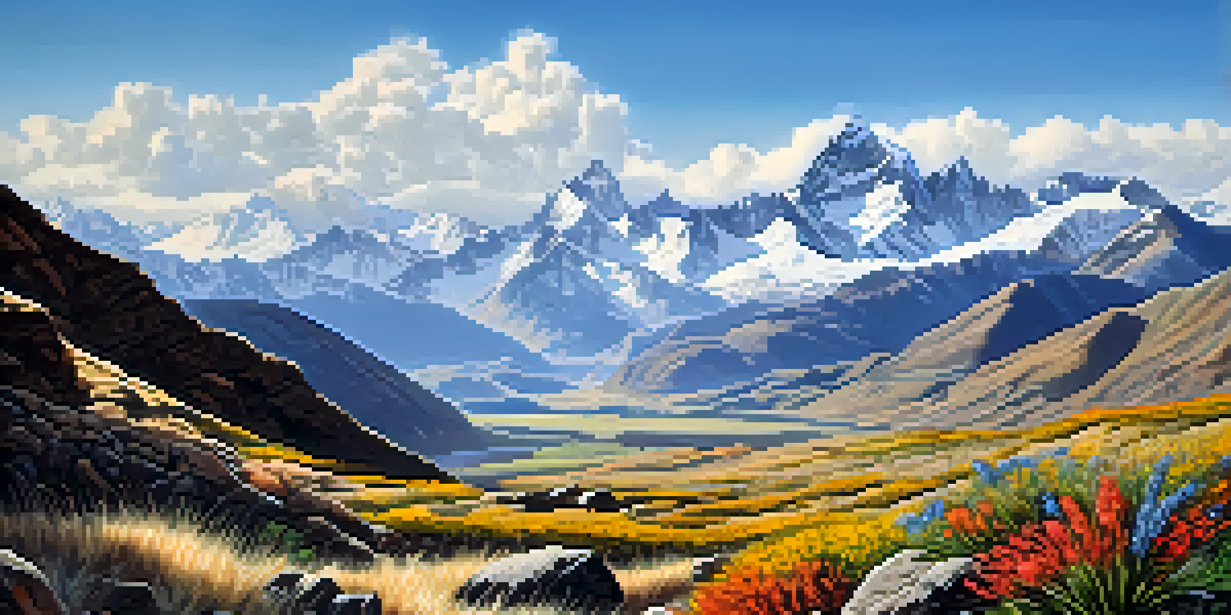 A scenic view of the Andes mountains with clear skies and colorful wildflowers in the foreground.