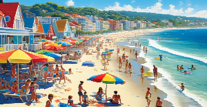 A lively beach scene with tourists enjoying the sun and surf, colorful umbrellas, and coastal shops.