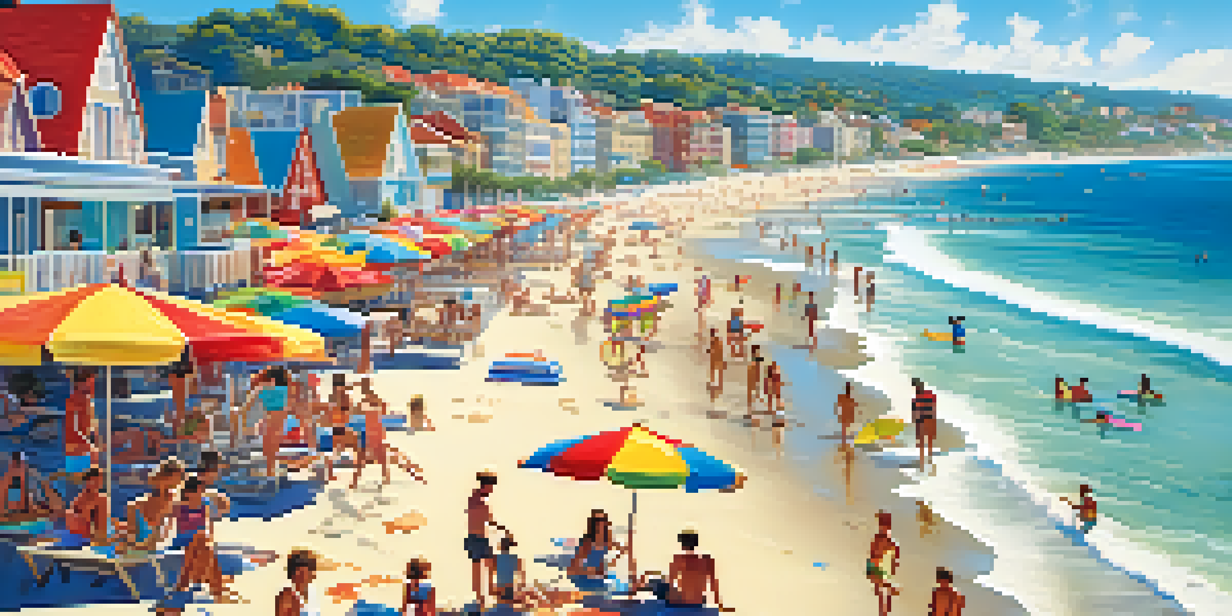 A lively beach scene with tourists enjoying the sun and surf, colorful umbrellas, and coastal shops.
