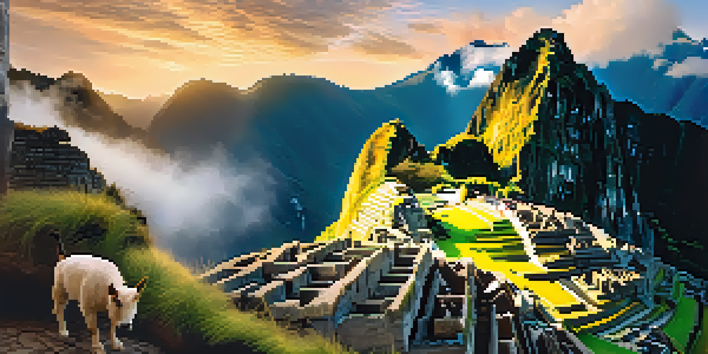A hiker admires the sunrise over Machu Picchu, surrounded by mist and mountains, with ancient ruins in view.