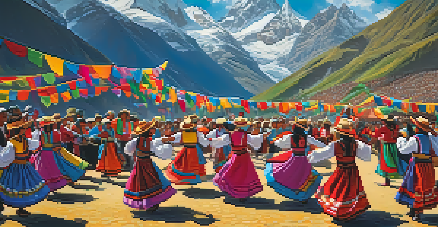 A vibrant scene from an Andean festival with dancers in traditional costumes and mountains in the background.