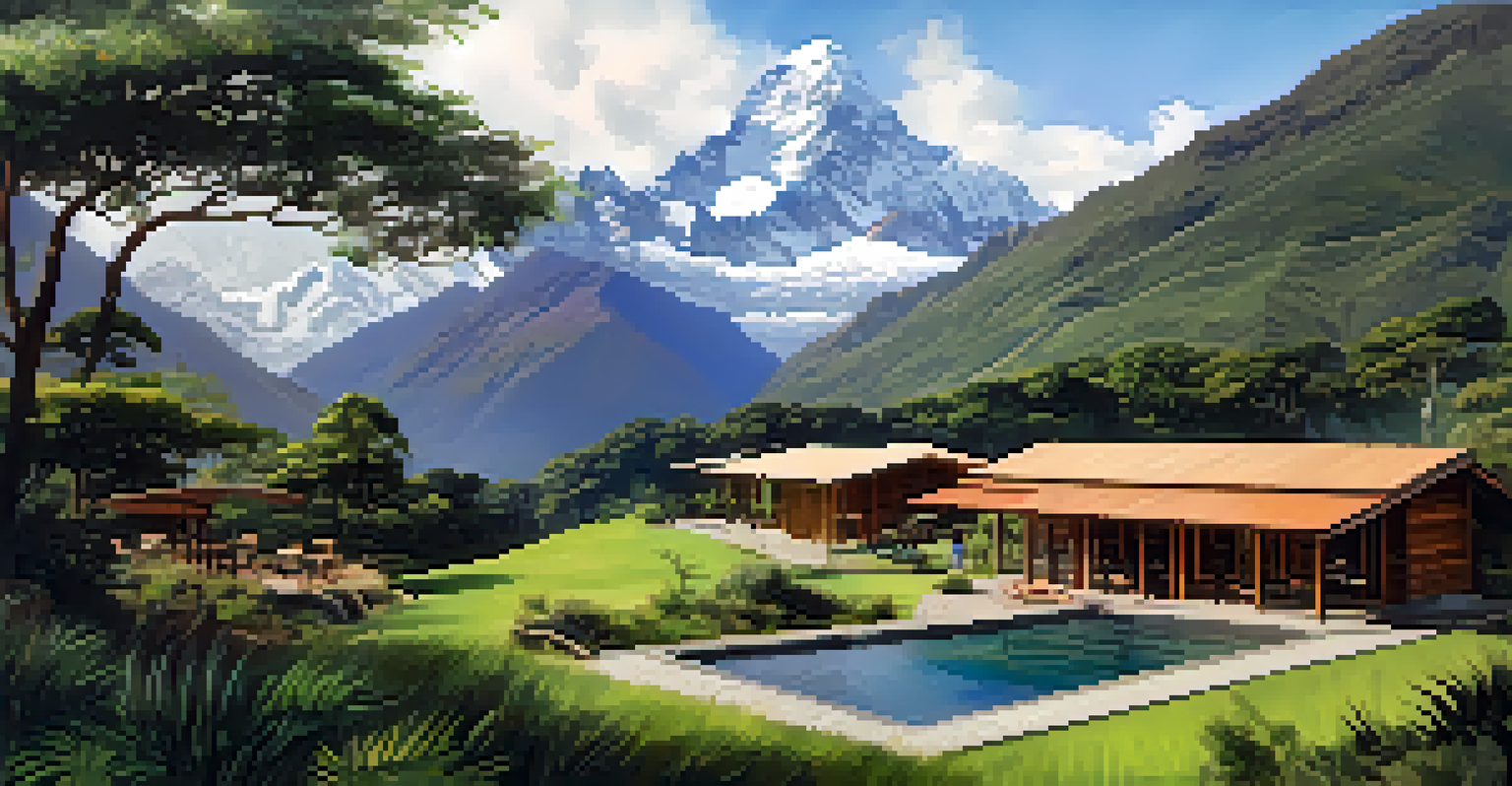 An eco-lodge set in the Andes, surrounded by mountains and greenery, showcasing sustainable architecture and local wildlife.