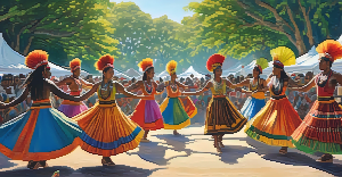 A lively festival with dancers in bright traditional costumes performing in a circle, surrounded by greenery and colorful banners, with sunlight filtering through the trees.