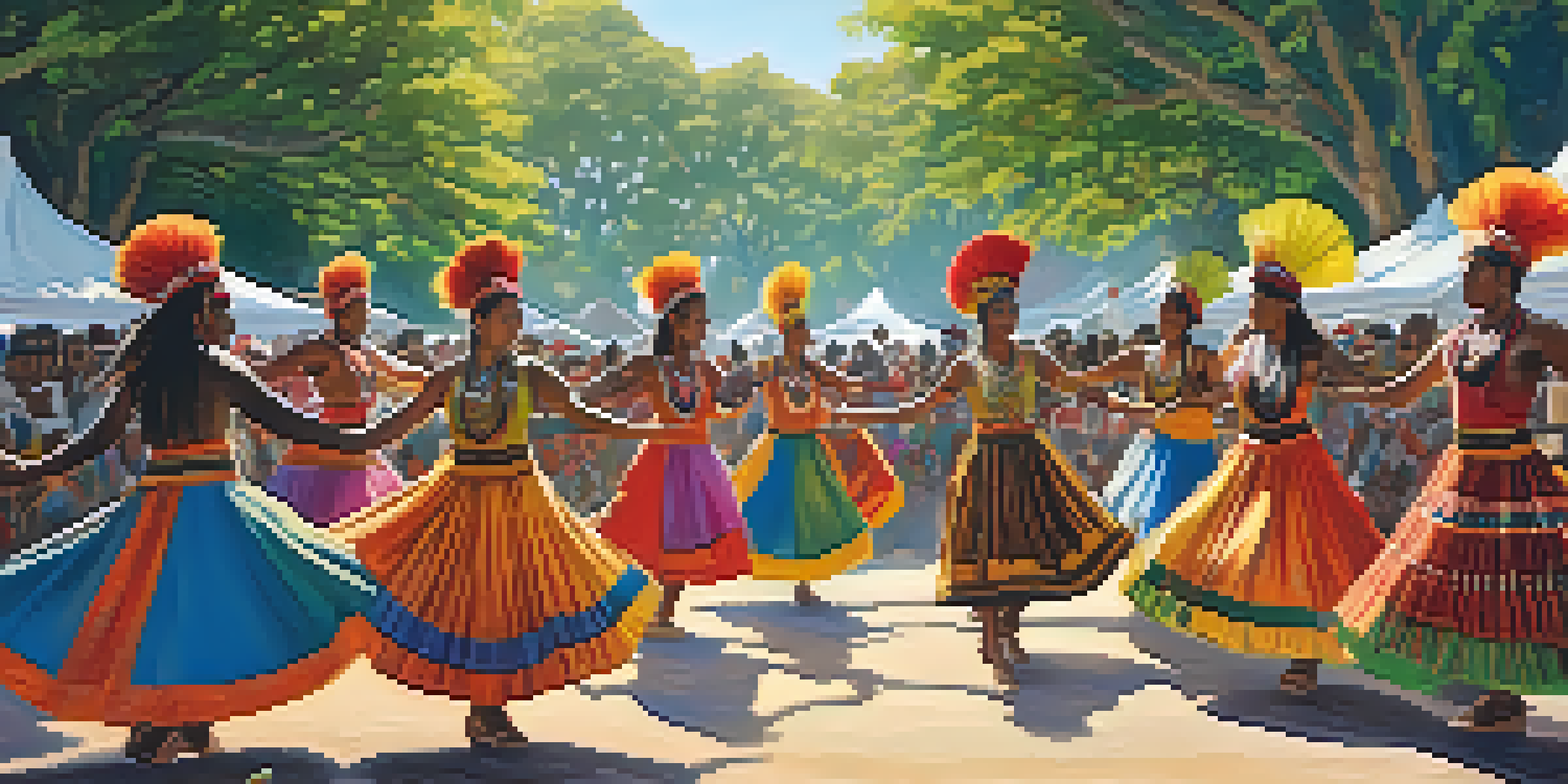 A lively festival with dancers in bright traditional costumes performing in a circle, surrounded by greenery and colorful banners, with sunlight filtering through the trees.