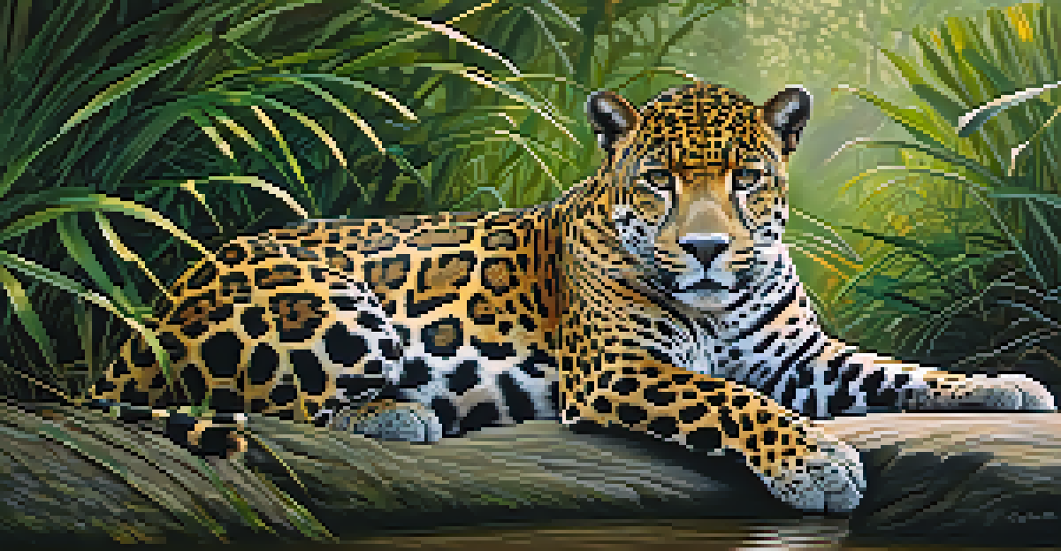 A close-up of a jaguar resting on a riverbank with its beautiful coat and the lush green background.