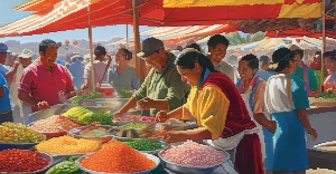 A lively traditional Peruvian festival scene with people preparing and enjoying ceviche at a colorful market stall, surrounded by festive decorations and fresh ingredients.