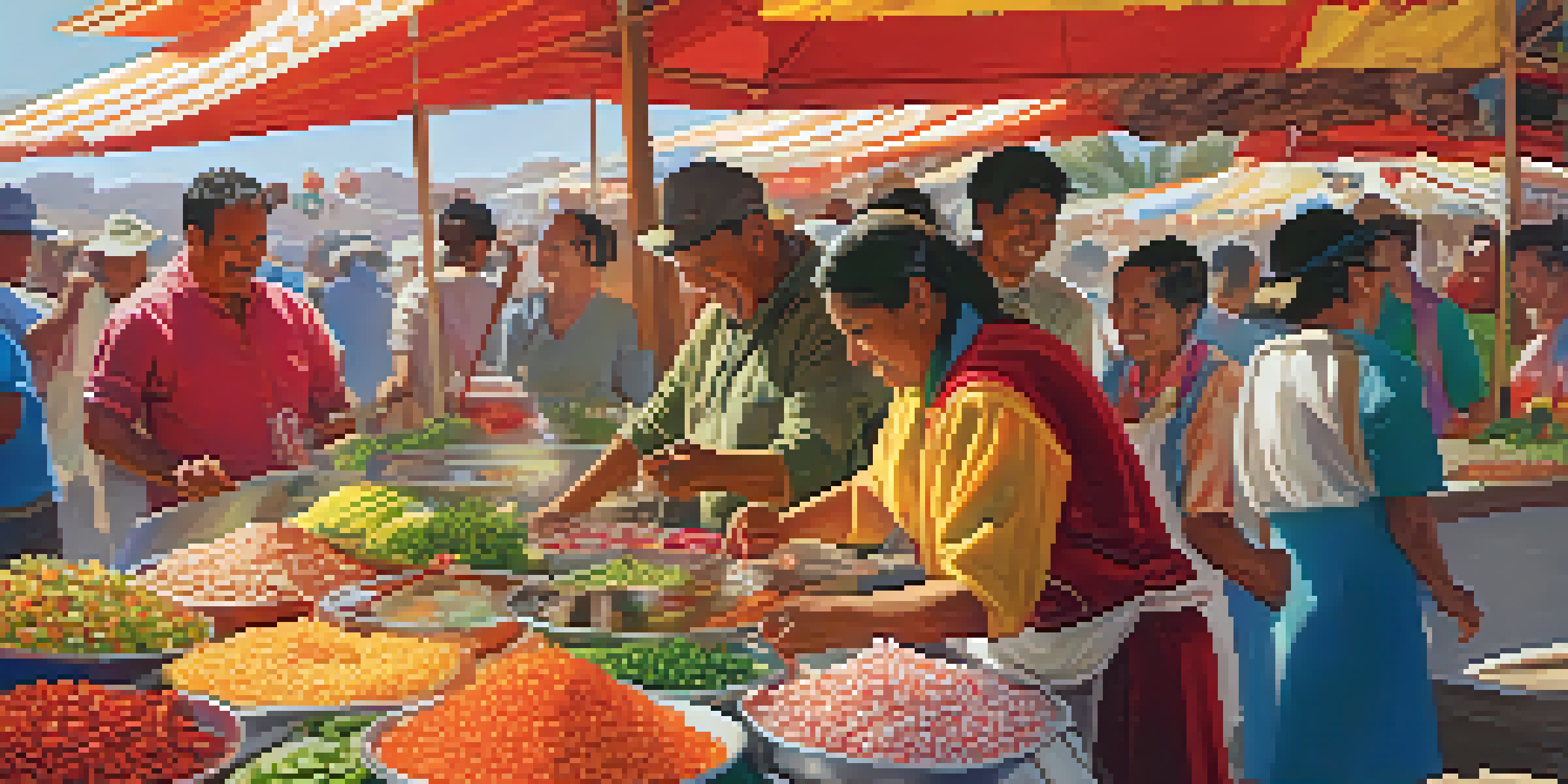 A lively traditional Peruvian festival scene with people preparing and enjoying ceviche at a colorful market stall, surrounded by festive decorations and fresh ingredients.