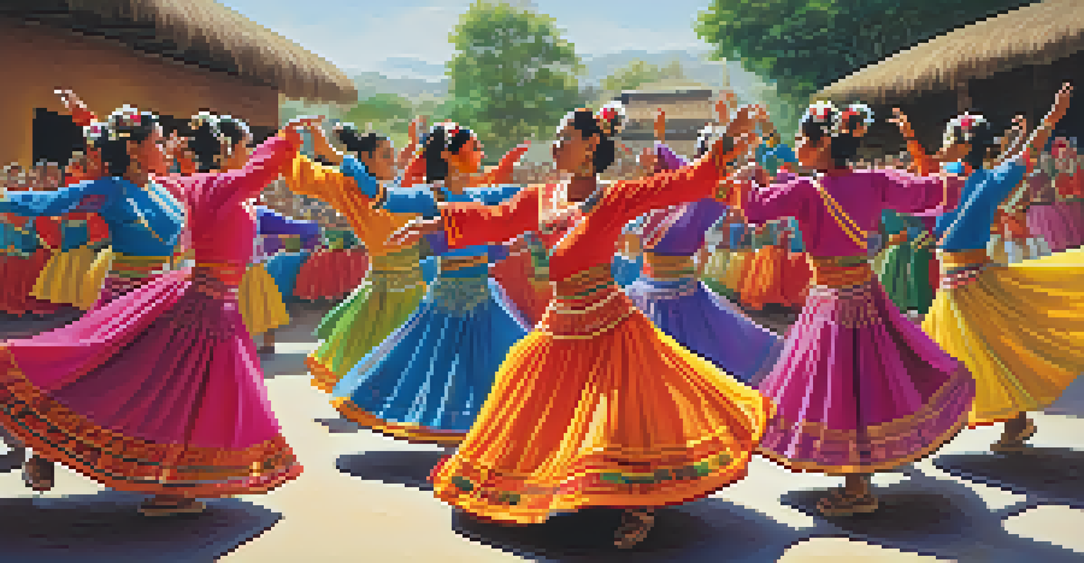 Dancers performing the Huaylash dance with vibrant costumes in mid-motion, surrounded by an engaged audience and festive decorations.