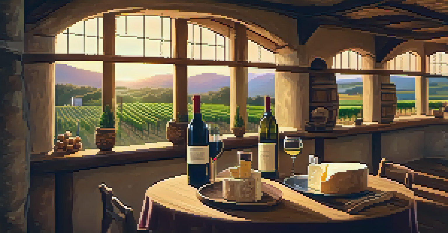 Interior of a rustic Peruvian winery with wooden barrels, a tasting table, and a view of vineyards at sunset.